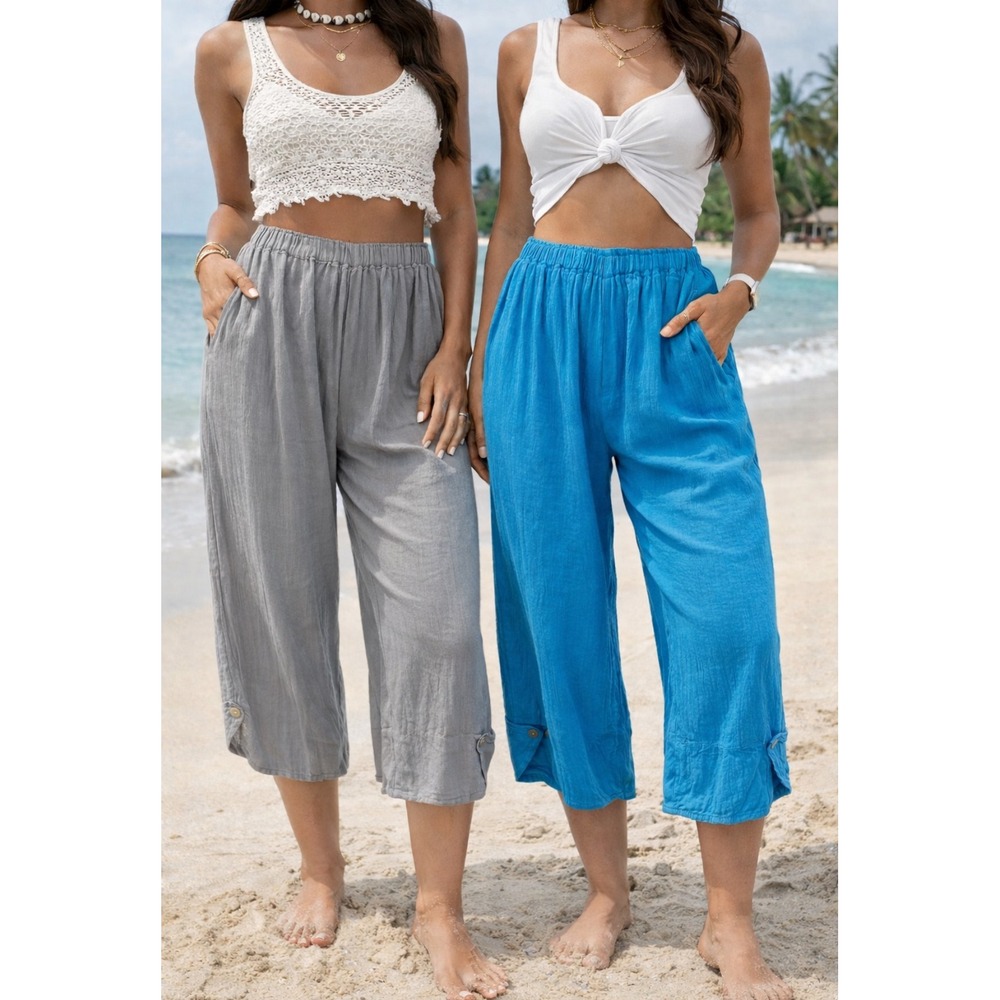 Lot 2 OH MY GAUZE Linen Blend Cropped Pants Women's L / XL Blue Grey Gauzy.